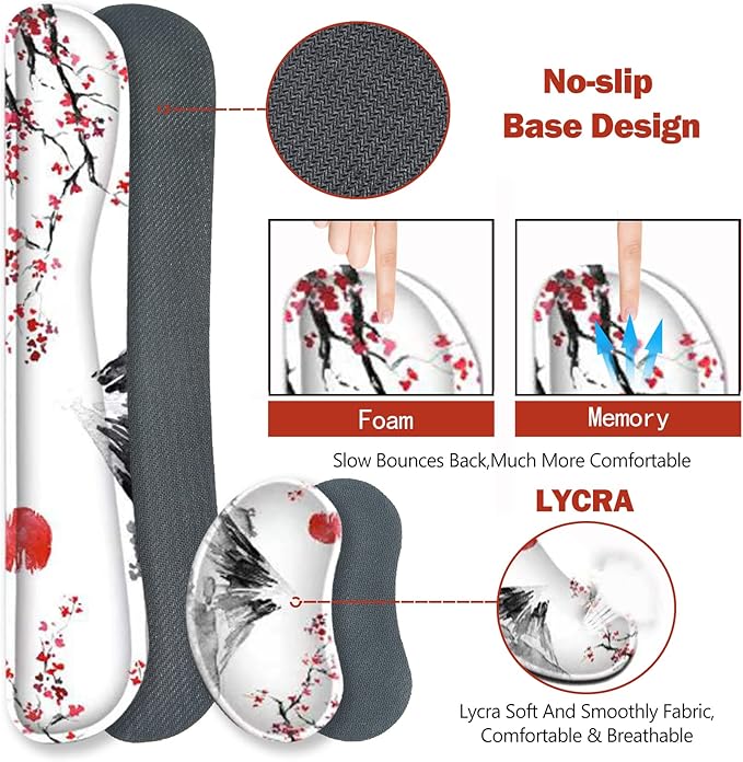 ToLuLu Extended Gaming Mouse Pad, Memory Foam Ergonomic Keyboard Mouse Wrist Rest Support Set, Large Desk Mat with Stitched Edges, Non-Slip Base Mousepad for Home Office Game, Cherry Blossom Sakura
