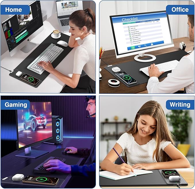 Magnetic Wireless Charging Mouse Pad, 27.5"x11.8" Gaming Desk Mat with Superior Stitched Edges, Non-Slip Base, Waterproof Smooth Desk Writing Pad for Gamer, Office & Home, Black
