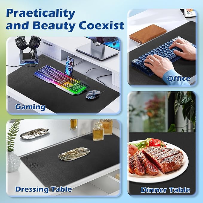 Wireless Charging Desk Mat with Desk Pad for Desktop Charging Large Mouse Pad Waterproof Leather Computer Mat Mouse Pad Non-Slip Protector on Top of Desks for Keyboard and Mouse (black-l, 36*17inch)