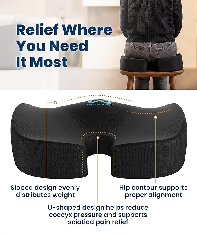 Everlasting Comfort Doctor Recommended Memory Foam Seat Cushion for Office Chairs & Car - Ergonomic Office Desk Accessories - Cushions for Tailbone Support, Sciatica (Black, XX-Large)