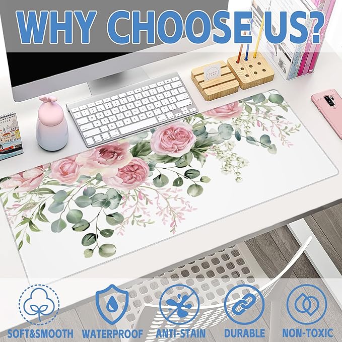 Desk Mat,Peony Flowers and Eucalyptus Leaves Large Gaming Mouse Pad for Desk XL,Pink Floral Desk Pad,Extended Big Computer Keyboard Mouse Pad with Non-Slip Base Stitched Edges 31.5"x11.8"
