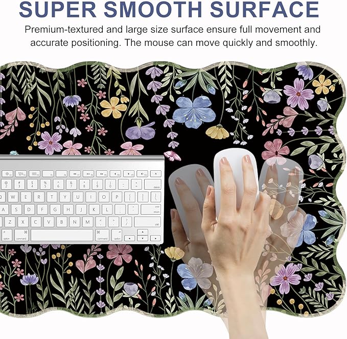 L-SPOUTTO Floral Mouse Pad,Botanical Desk Mat XXL Large Scalloped Black Gaming Mousepad,35.4x15.7in Non-Slip Rubber Base Keyboard Pad Waterproof Desktop Mat for Laptop Computer Game Home Office-Flower