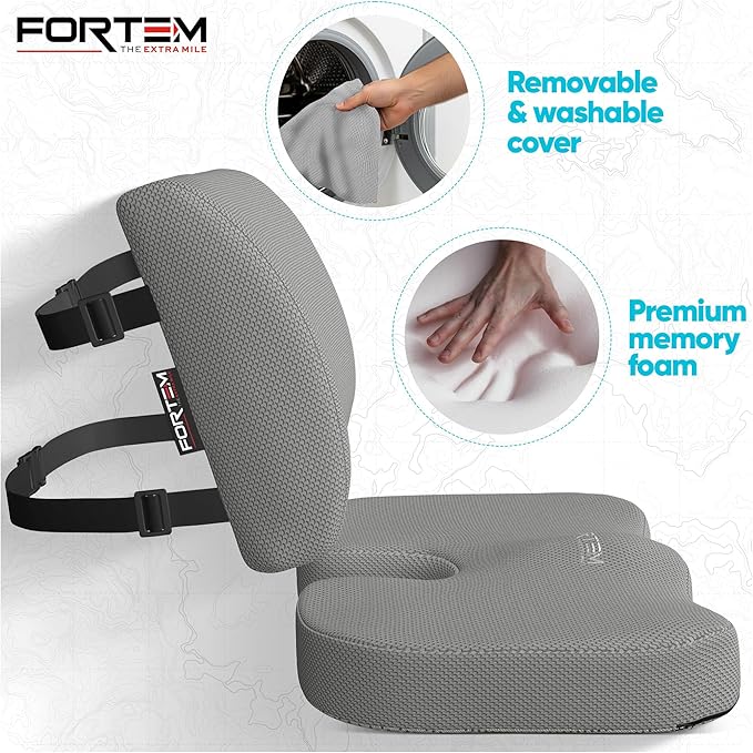 FORTEM Seat Cushion, Office Chair Cushion, Lumbar Support Pillow for Office Chair, Memory Foam Ergonomic Coccyx & Lumbar Support, Car Sitting Pad, Washable Non-Slip, XL