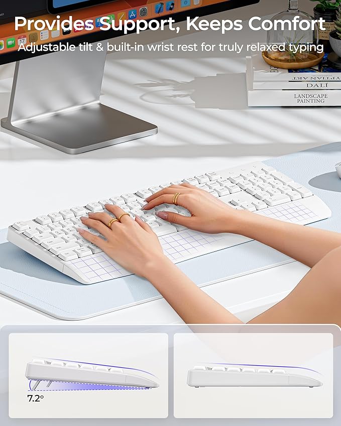 seenda Wireless Bluetooth Keyboard and Mouse Combo, COE200 Ergonomic Wireless Keyboard Mouse with Wrist Rest, Multi-Device Connection, Full-Size Compatible for Computer/Laptop/Mac/MacBook, White