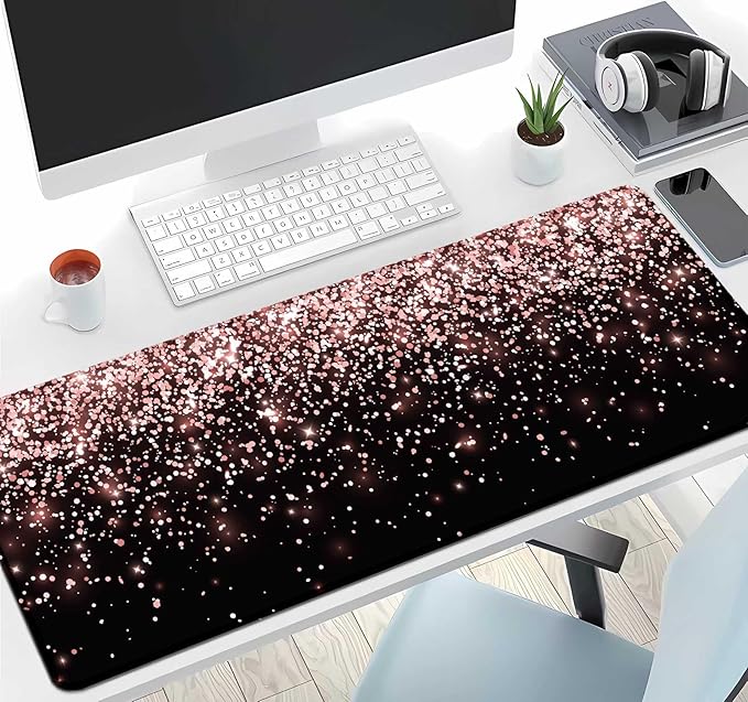 IMAYONDIA Gaming Mouse Pad, Large Non-Slip Rubber Base Mousepad with Stitched Edges, Keyboard Mouse Mat Desk Pad for Work, Game, Office, 31.5x11.8 Inch - Rose Gold Black Glitter Luxury