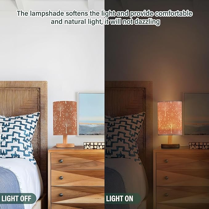 Brown Tree LED Table Lamp, Bedside Lamp with Linen Lampshade, Flicker-Free Eye Care USB Plug in Nightstand Lamp, for Bedroom and Office