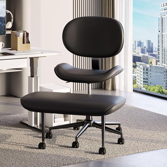 Cross-Legged Office Chair with Footrest, PU Leather Armless Desk Chair, Wide Padded Seat for Cross Leg Sitting, Adjustable Height & Swivel, Modern Home Office Chair, Black