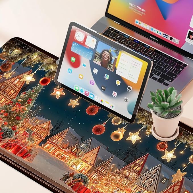 Desk Mat, XXL Extended Gaming Pad for Desktop, 35x16 Inches Village with Tree and Lights, Large Non-Slip Vegan Leather Keyboard Mouse Mat for Home Office