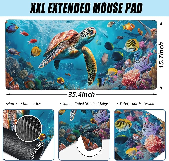 XXL Mouse Pad,Sea Turtle with Colorful Fish Large Gaming Mouse Pad,The Underwater World Desk Mat,Extended Big Computer Keyboard Desk Pad with Non-Slip Base Stitched Edges 35.4"x15.7"