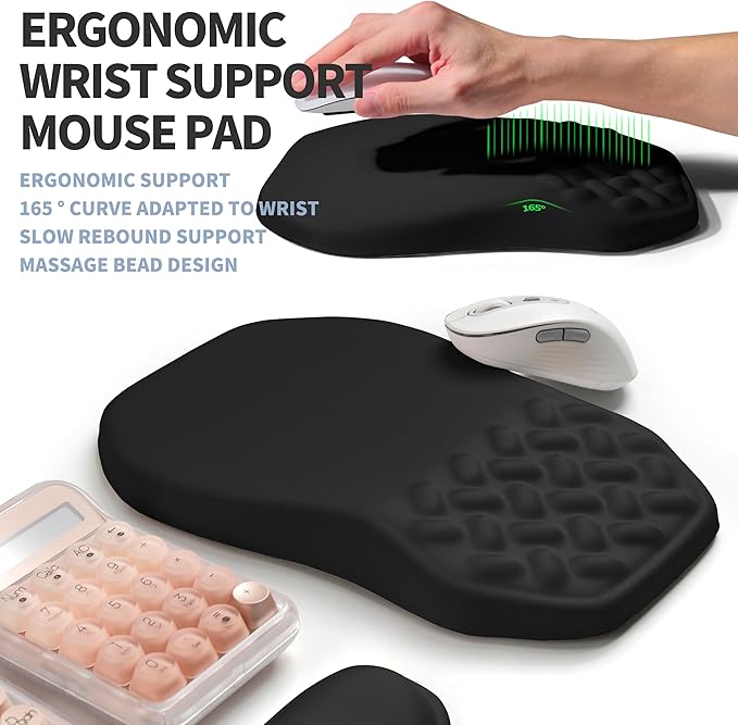 2-in-1 Ergonomic Set, Wave Keyboard Wrist Rest and Massage Slope Mouse Pad Wrist Support, Rebound Memory Foam for Ergonomic Wrist Support (Black)
