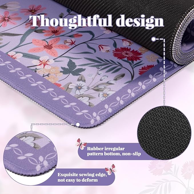 iCasso Desk Mat for Keyboard and Mouse,Cute Desk Pad Large,Anti-Slip Floral Computer Mat for Women,Girly Gaming Mouse Pad for Home Office (Purple)