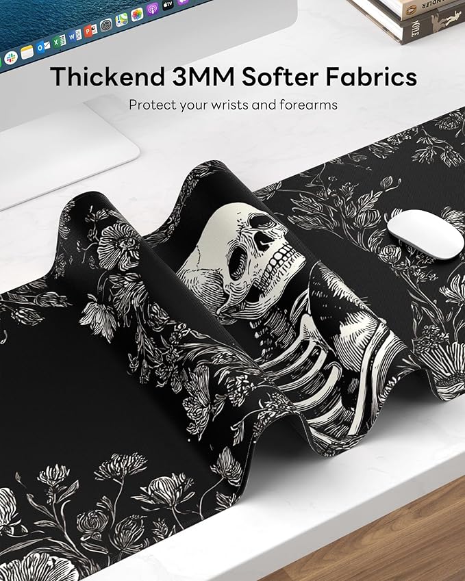Skull Mouse Pad, 31.5 x 11.8 Large Desk Mat with Stitched Edges & Non-Slip Base, Mousepad for Office, Home, Work, Skull Cat