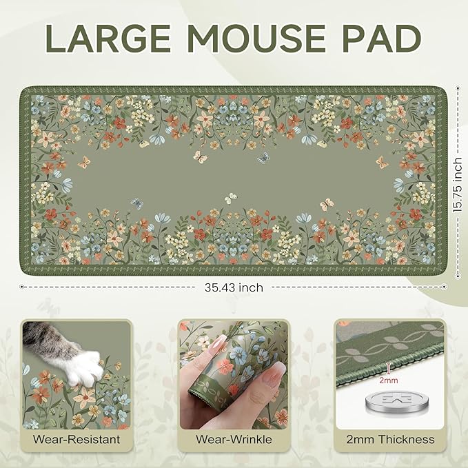 iCasso Desk Mat for Keyboard and Mouse,Large Keyboard Mat Non-Slip,Cute Desk Pad with Stitched Edges,Floral Mousepad for Women,Girly Computer Mat for Home Office Gaming(Sage Green)