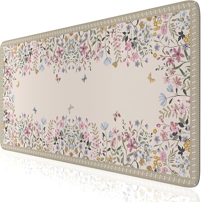 iCasso Floral Desk Mat for Keyboard and Mouse,Cute Gaming Mouse Pad XXL,Anti-Slip Desk Matt for Desktop,Soft Lycra Surface Computer Mat Women,Girly Big Mousepad for Home Office (Beige)