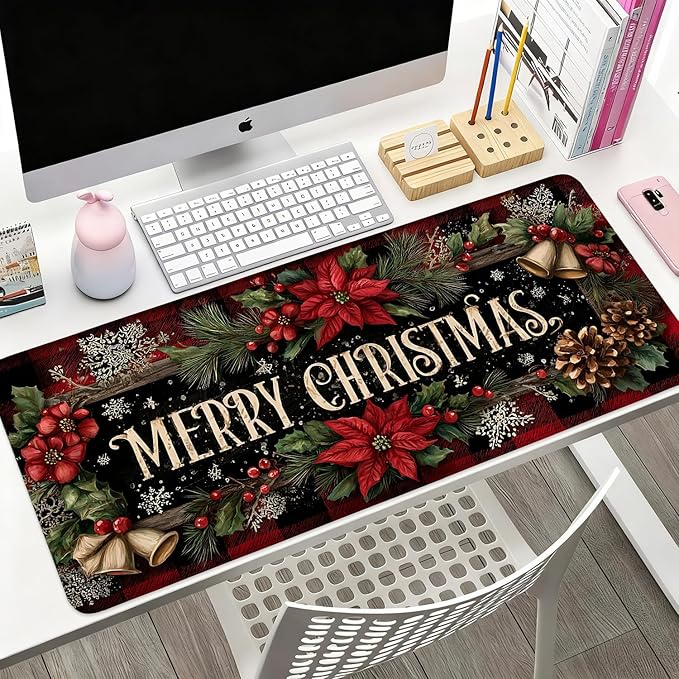 Desk Mat, XXL Extended Gaming Pad for Desktop, 35x16 Inches Floral with Flowers, Large Non-Slip Vegan Leather Surface with Stitched Edges, Keyboard Mouse Mat for Home Office