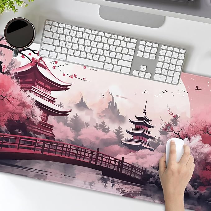 Pink Japanese Cherry Blossom Large Mouse Pad XL Sakura Forest Tree Sun Tower Mountain Extended Large Desk Mat Big Desk Pad 80X30 CM Non-Slip Rubber Base Stitched Edge Long Mousepad,31.5×11.8 Inch