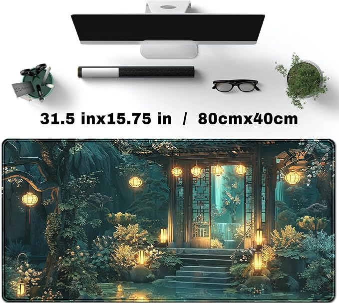 Cozy Anime Mouse Pad- Green Lofi Desk Mat - Cute Desk Decor, XXL-31.5x15.7in- Japanese Aesthetic Keyboard Gaming Mouse Pad-for Desk with Stitched Edges Non-Slip Cozy Office Decor