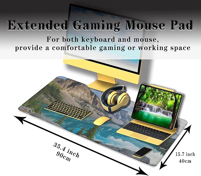 Gaming Mouse Pad Green Full Mousepad Large Desk Pad Keyboard Mat The Mousepad Non-Slip Rubber Base Waterproof with Stitched Edges 35.4 X 15.7 for Game Office, Rocky Mountains