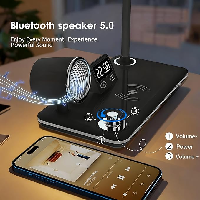 LED Desk Lamp for Office Home, Modern Desk Light with 15W Wireless Charger, Bluetooth Speaker & Digital Clock, 3 Color Temperature, Eye-Caring Study Lamp, Flexible Gooseneck, Black