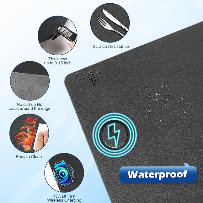 Wireless Charging Desk Mat with Desk Pad for Desktop Charging Large Mouse Pad Waterproof Leather Computer Mat Mouse Pad Non-Slip Protector on Top of Desks for Keyboard and Mouse (black-l, 32*16inch)