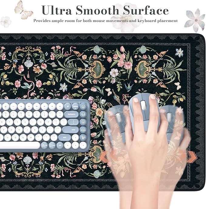 HAOCOO Elegant Floral Desk Mat, Vintage Aesthetic Mouse Pad Black, Flower Plant Extended Desk Cover Mat, 35.4" x 15.7" Non-Slip Computer Pad, Waterproof Desktop Protector for Office, Home, School