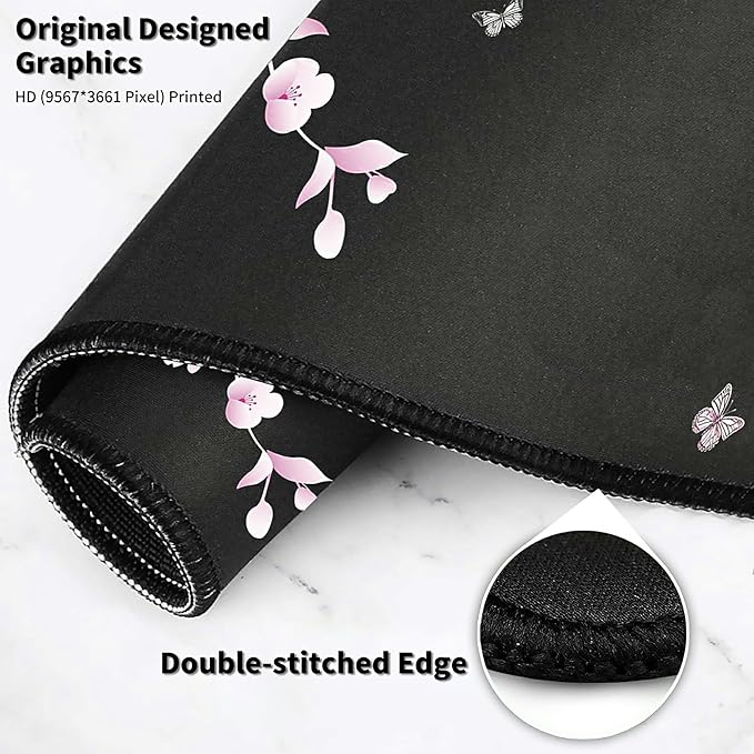 Japanese Sakura Cherry Blossom Pink Black Mouse Pad Large with Coaster, 35.4"x15.7" Full Desk Mousepad Stitched Edges Non Slip Base Desk Pad Extended Large Gaming XXL Mouse Pad for Desk Office Home