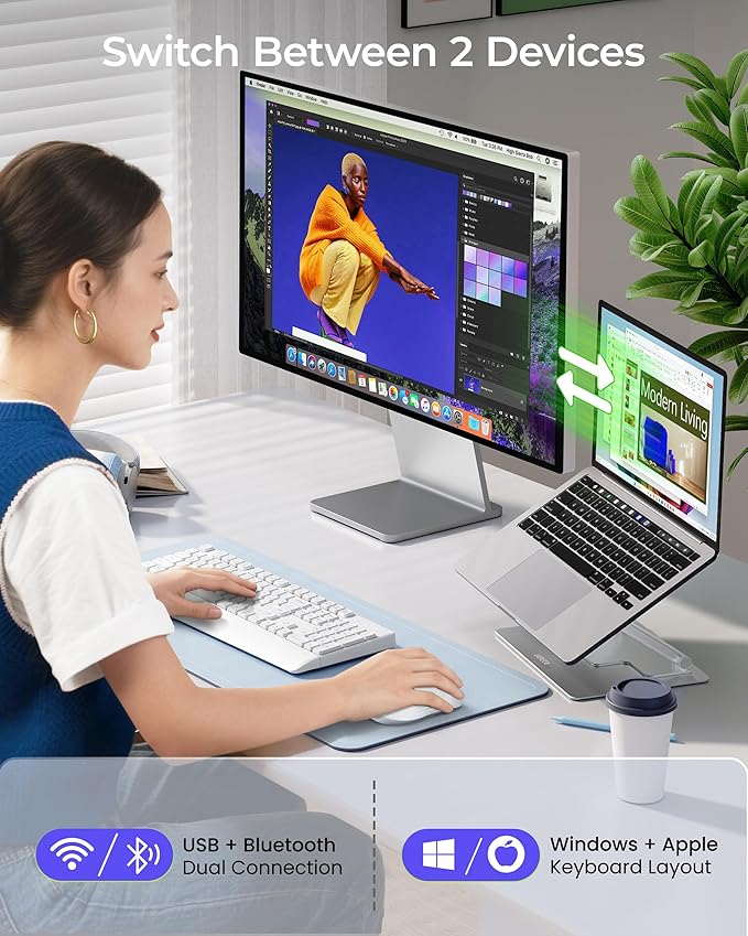 seenda Wireless Bluetooth Keyboard and Mouse Combo, COE200 Ergonomic Wireless Keyboard Mouse with Wrist Rest, Multi-Device Connection, Full-Size Compatible for Computer/Laptop/Mac/MacBook, White