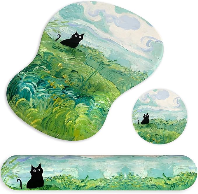 Ergonomic Mouse Pad with Wrist Rest and Keyboard Wrist Rest, Gel Mousepad and Wrist Rest for Computer Keyboard, Non-Slip PU Base, Mouse Pad with Wrist Support for Gaming, Office, Cat