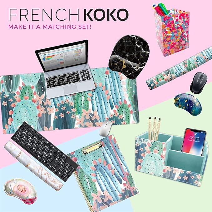 French KOKO Large Mouse Pad Desk Mat Protector Keyboard Pad Desktop Office School Decor Big Extended Laptop Computer Accessories Pretty Mousepad Women XL Cool Marble Pink Gold