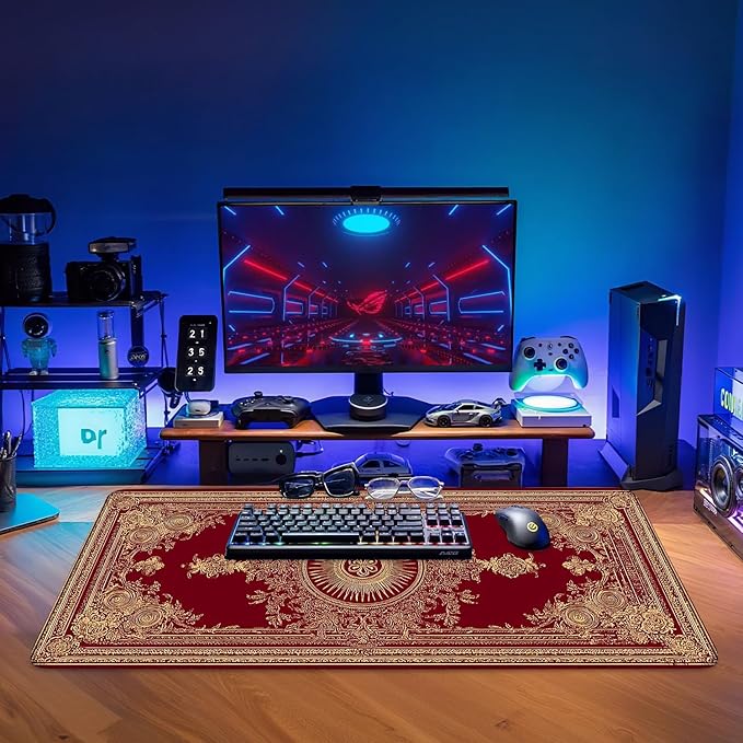 Red Vintage Extended Gaming Mouse Pad 35.4x15.7Inch Large Desk Mat Anti-Slip Rubber Base & Durable Stitched Edges for Gamers Smooth Mouse Writing Surface for Desk Office/Home