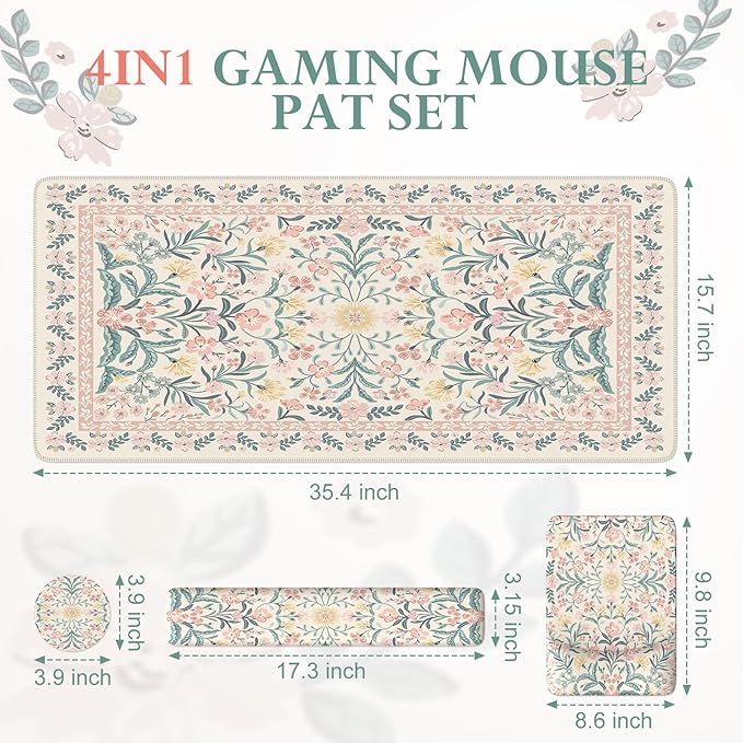 iLeadon Pink Desk Mat Set Cute, Non-Slip Mouse and Keyboard Pad Mat for Desk, Ergonomic Desk Mouse Pad Extra Large, Floral Teacher Desk Mat with Wrist Rest for Women Home Office