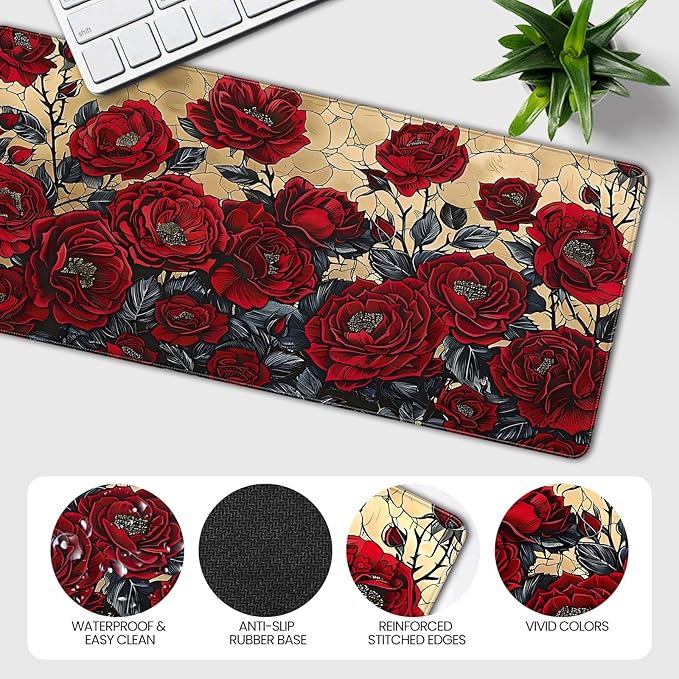 XXL Large Gaming Mouse Pad, 35.4 x 15.7 inches, with Non Slip Rubber Base, Extended Keyboard Pad for Home Computer Office Workstations, Large Laptop Mouse Pads Red Roses