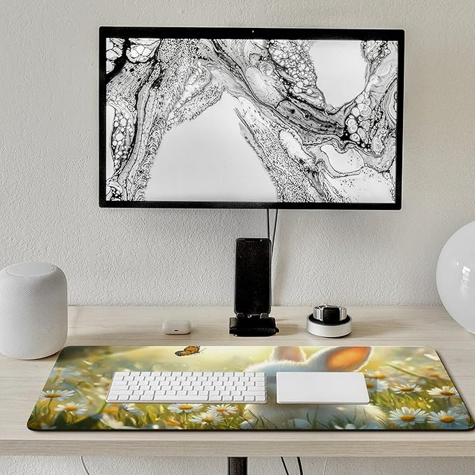 Large Ergonomic Gaming Mouse Pad Baby Bunny in Daisy Field - Sweet Rabbit Theme with Non-Slip Base Water-Resistant Surface and Stitched Edges 40x90cm