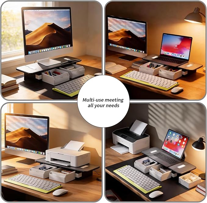 Computer Monitor Stand, Desk Organizer and Accessories with 2 Drawers, Multi-purpose Monitor Riser / Laptop Stand, Sturdy Desktop Storage Organizer for Office Supplies, Black