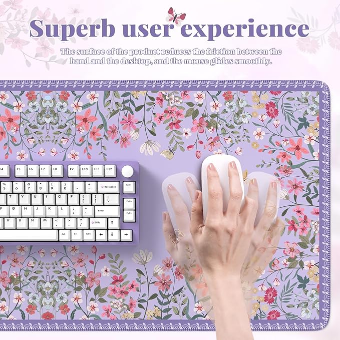 iCasso Desk Mat for Keyboard and Mouse,Cute Desk Pad Large,Anti-Slip Floral Computer Mat for Women,Girly Gaming Mouse Pad for Home Office (Purple)