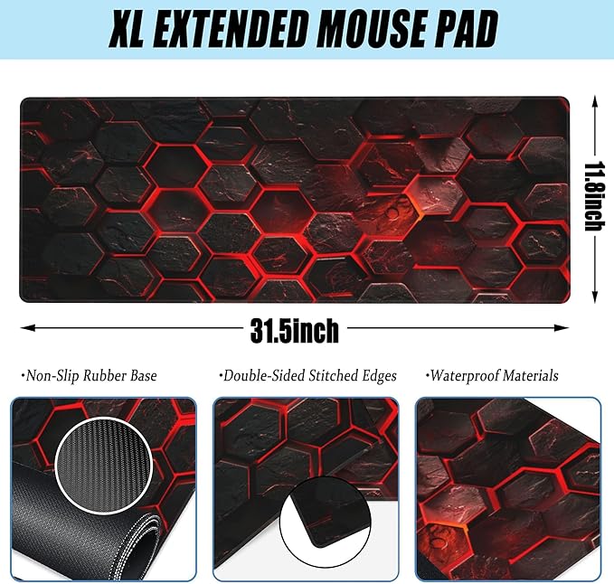 Large Gaming Mouse Pad for Desk,Red Honeycomb Science Technology Desk Mat,Honeycomb Hexagon Desk Pad,Extended Big Computer Keyboard Mouse Pad with Non-Slip Base Stitched Edges 31.5"x11.8"
