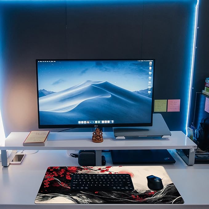 Desk Pad, Black Red Ink Painting Desk Mat, Cherry Blossom Trees Sun Waves Large Gaming Mouse Pad, 31.5"x15.7" Extended Big Computer Mouse Pad with Non-Slip Base and Stitched Edge