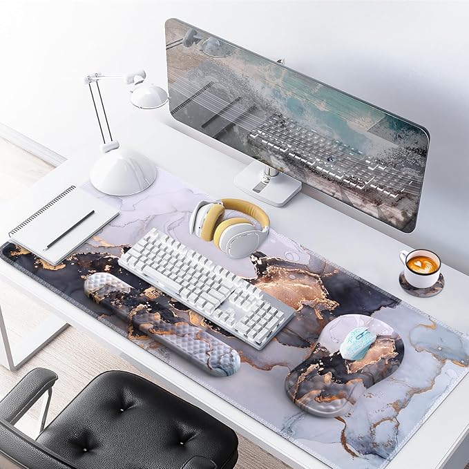 Desk Pad Mat, Large Mouse Pad with Wrist Rest, Ergonomic Keyboard Wrist Support, XXL Mousepad Set with Coaster, Computer Keyboard Matt for Laptop Desktop, White Gray Marble