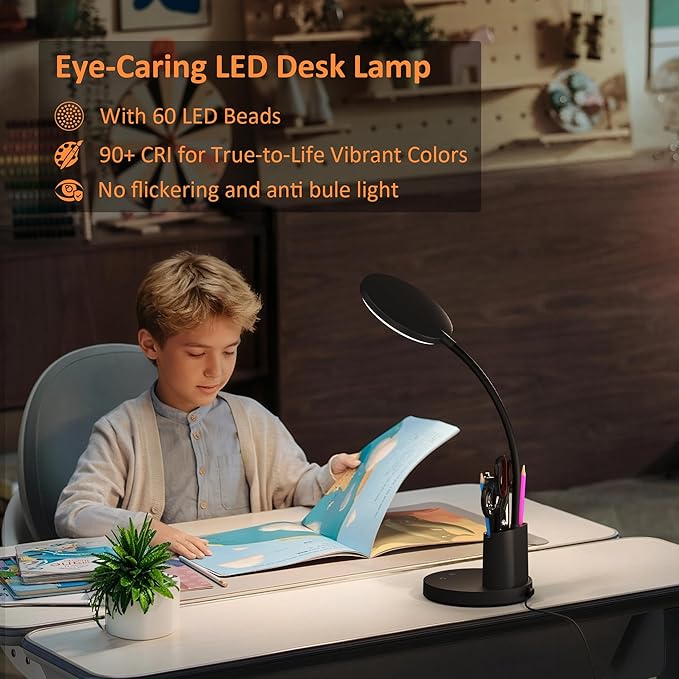 Desk Lamp, LED Desk Lamps for Home Office, Touch Table Lamp with 3 Color Modes 360° Adjustable Arm, Dimmable Desk Light with Pen Phone Holder, Black