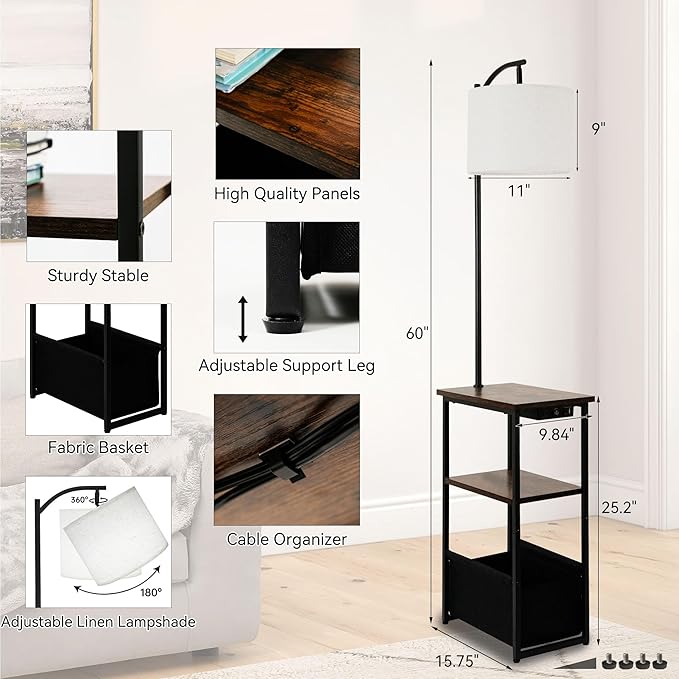 Floor Lamp with Table, Narrow Side Table with Fabric Basket, USB-A/USB-C Charging Station and AC Port, 3 Color Temperatures 12W LED Bulb, End Table for Bedroom, Living Room and Home Office, Brown