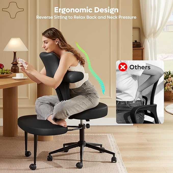 Ergonomic Cross Legged Office Chair Extra Wide for Focus and Meditation, Kneeling Chair with 360° Swivel Wheels and Reversible Seating, Adjustable Height and Seat Depth, PU Leather, Black