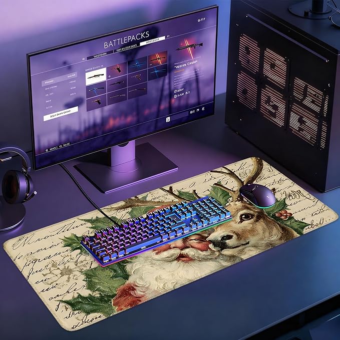 Desk Mat, XXL Extended Gaming Pad for Desktop, 35x16 Inches Santa and Reindeer Classic Scene, Large Non-Slip Vegan Leather Keyboard Mouse Mat for Home Office