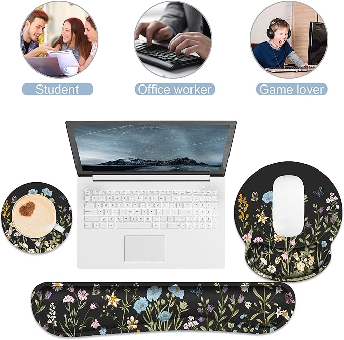 Ergonomic Mouse Pad with Wrist Rest and Keyboard Wrist Rest, Memory Foam Wrist Rest for Computer Keyboard, Easy Typing, Black Mouse Pad Wrist Support for Gaming,Office, Laptop, Floral