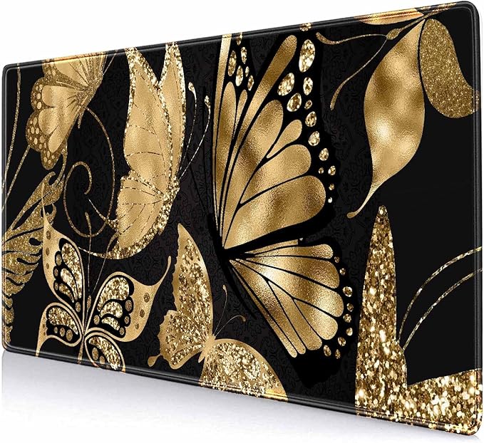 IMAYONDIA Black and Gold Desk Mat (35.4x15.7 in), XL XXL Gaming Large Mouse Pad, Non-Slip Rubber Base Big Keyboard Deskmat for Desktop, Computer Accessories, Butterfly Gold Glitter Foil Art