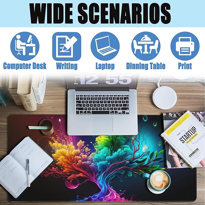 Large Gaming Mouse Pad for Desk,Colorful Tree of Life Desk Mat,Abstract Multicolor Texture Desk Pad, Extended Big Computer Keyboard Mouse Pad with Non-Slip Base and Stitched Edge 35.4"x15.7"