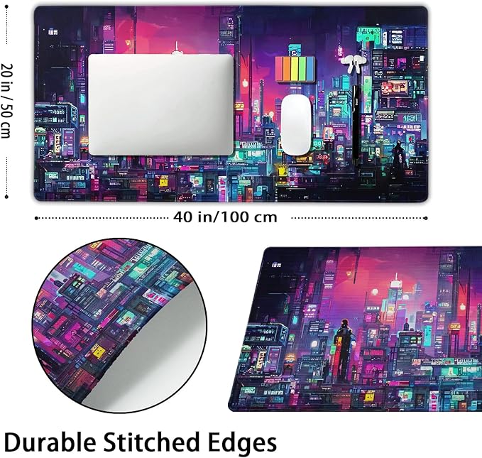 aportt Retro Japanese Anime Gaming Mouse Pad Extended Cool Dark Purple Red Vaporwave City Large Desk Mat Big Mousepad Non-Slip Rubber Base Stitched Edge Long Desk Pad for Desktop Computer,40×20 Inch