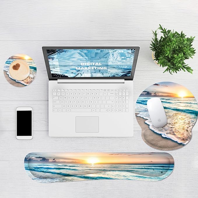 Ergonomic Mouse Pad with Wrist Rest and Keyboard Wrist Rest, Mousepad and Wrist Rest for Computer Keyboard, Non-Slip Rubber Base, Mouse Pad with Wrist Support for Gaming, Office, Beach