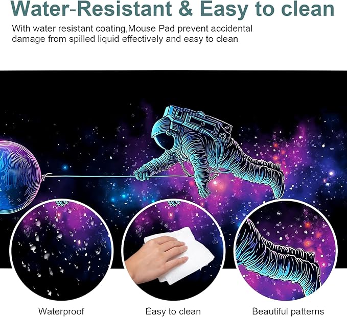 Interstellar Astronaut Extended Gaming Mouse Pad 35.4x15.7Inch Large Desk Mat Anti-Slip Rubber Base & Durable Stitched Edges for Gamers Smooth Mouse Writing Surface for Desk Office/Home