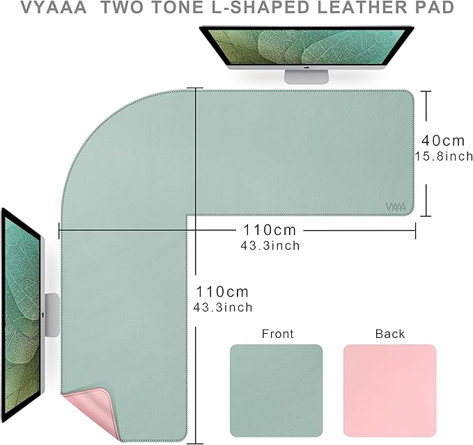 Vyaaa L-Shaped Leather Desk Pad, Two Tone Gaming Mouse Pad for Corner Desk Mat, Office and Home, 43 x 43 x 15.7 Inch, Pink and Green