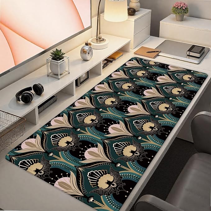 Art Deco Floral Mouse Pad 31.5x15.7inch, 1920s Maximalist Gothic Bats and Flowers Mouse Pads for Wireless Mouse Computers Laptop Desk Accessories, Gothic Office Supplies